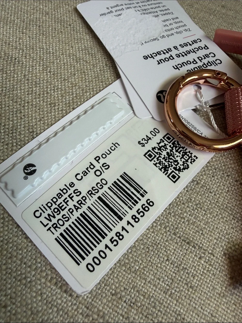lululemon Clippable Card Pouch Rose Gold Pink Zip Key Pouch Wallet with Ring